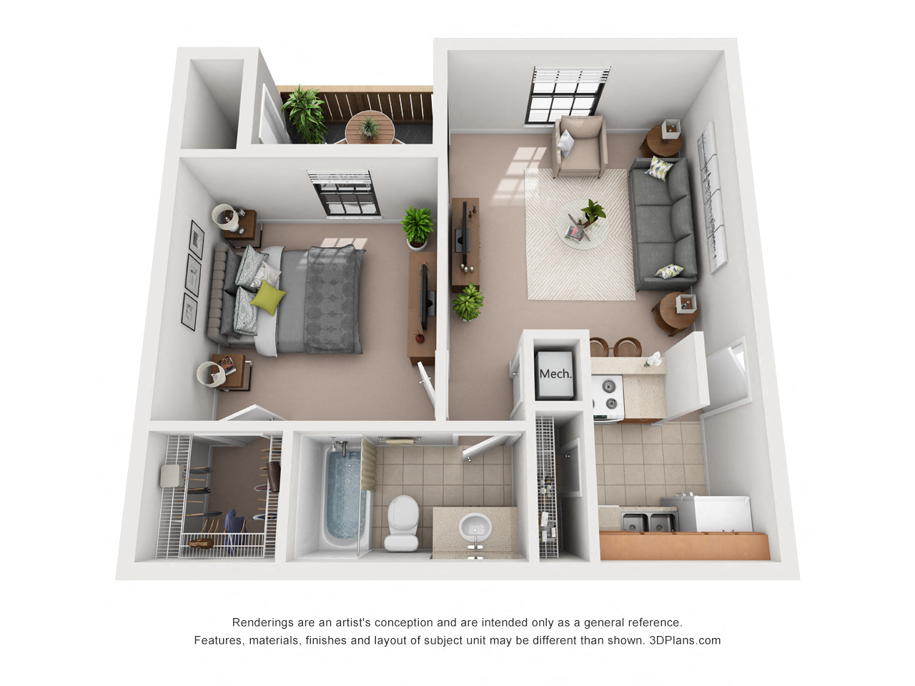 Floor plan for 1 bed, 1 bath, 540 sqft